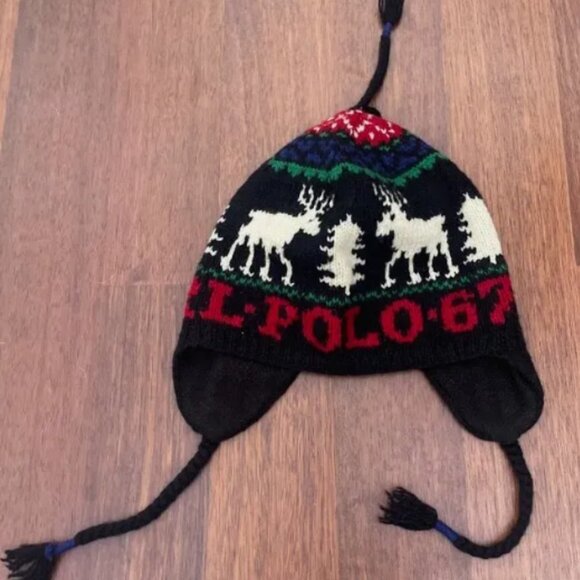 Vintage Polo Ralph Lauren Reindeer Moose Winter Earflap Tassel Wool Beanie Hat - Picture 1 of 2